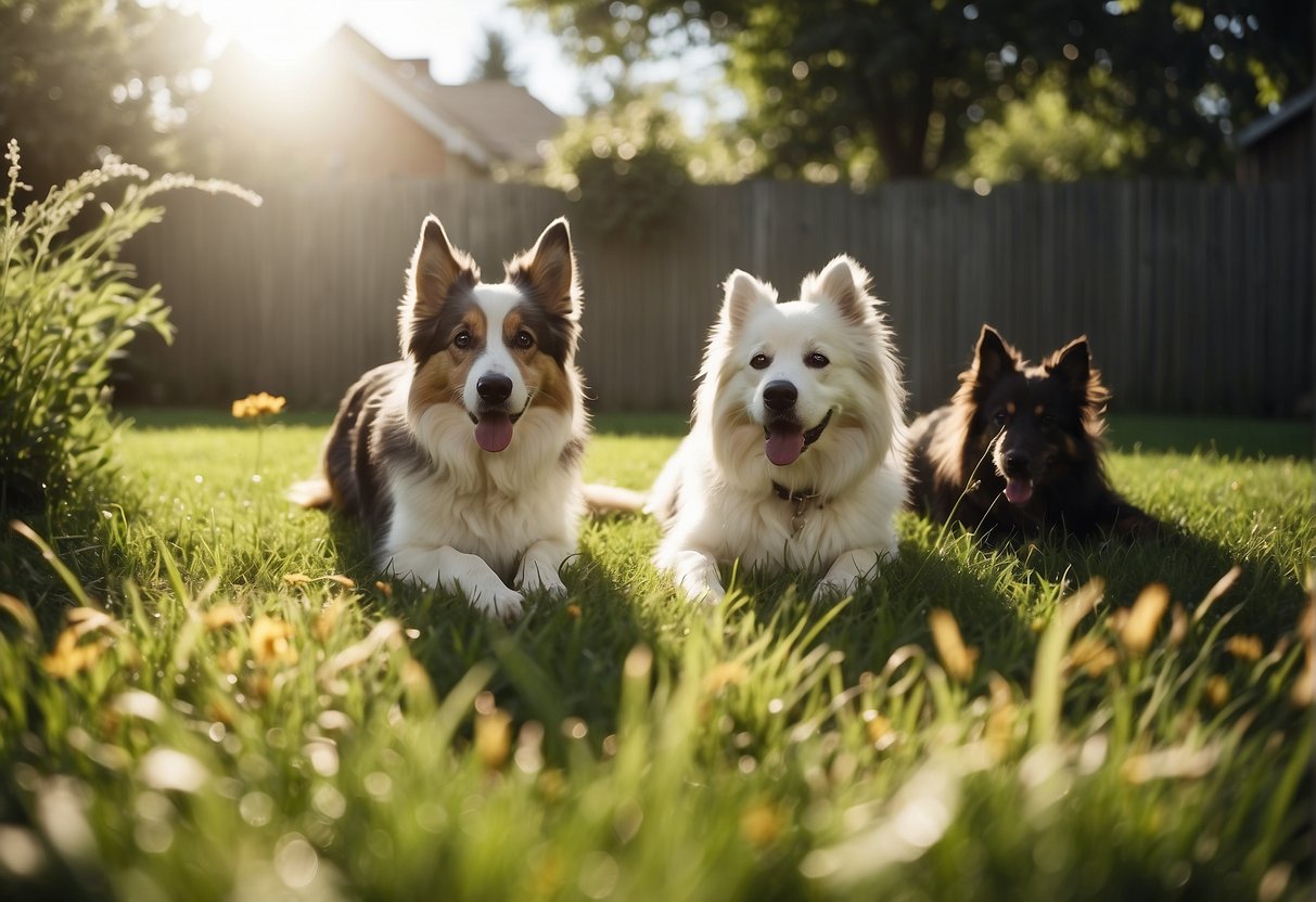 Dogs eating grass in a sunny backyard