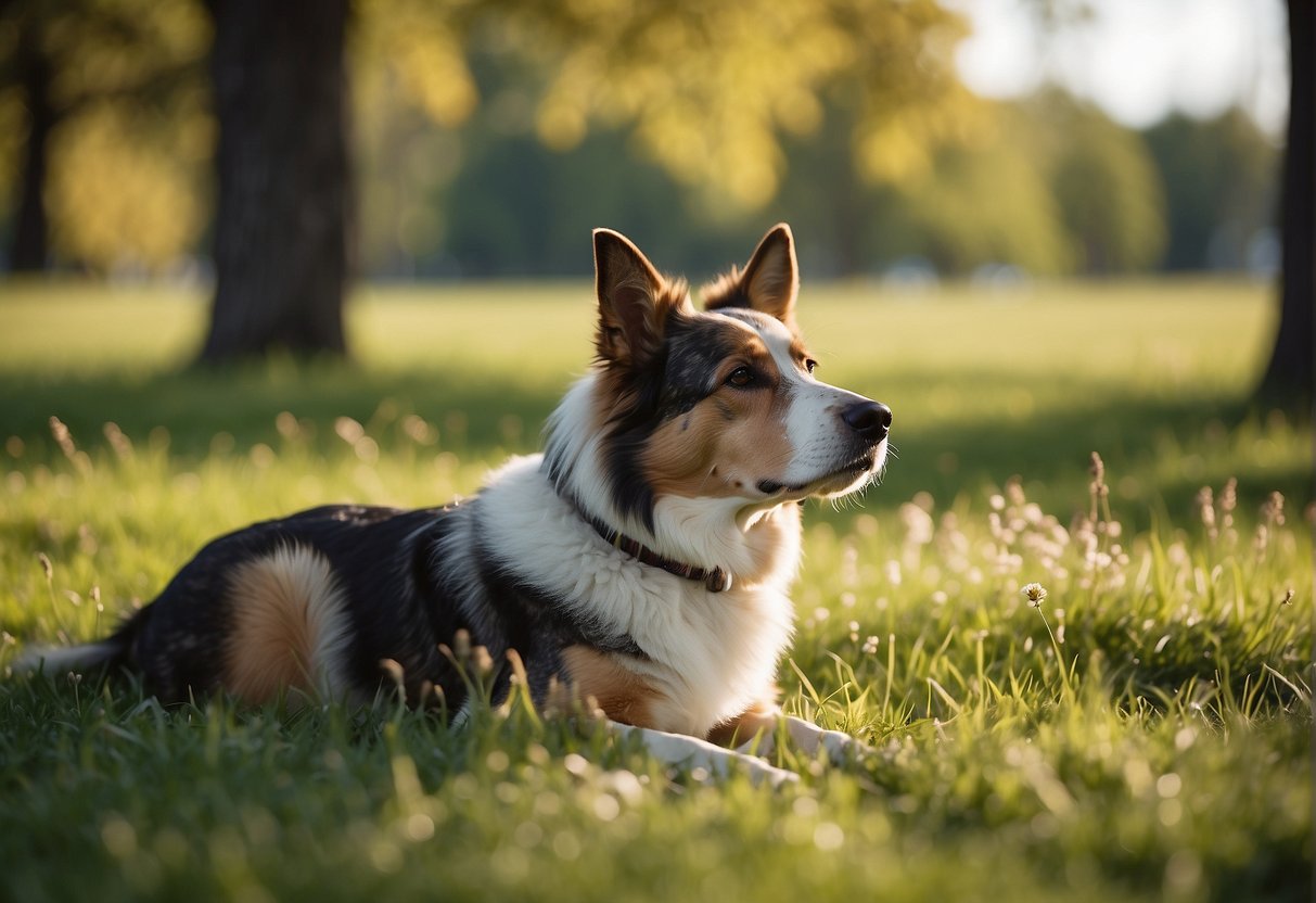 A dog peacefully grazing on grass in a sunny meadow, surrounded by trees and chirping birds
