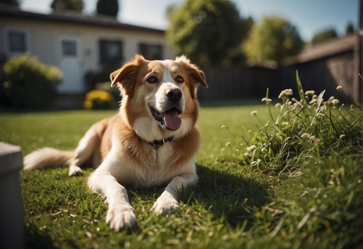 A dog eating grass in a backyard, with a concerned owner observing and holding a phone to call the veterinarian