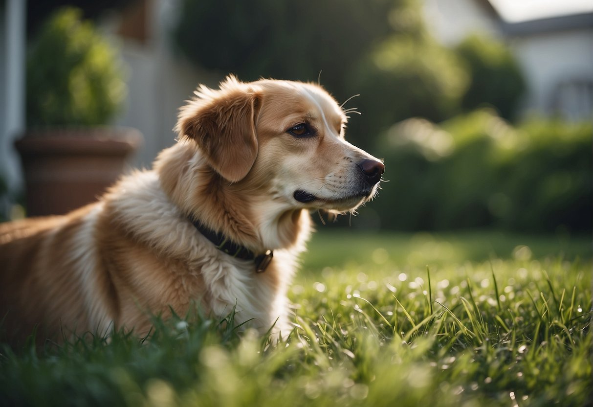 A dog eating grass in a backyard, with a puzzled expression on its face
