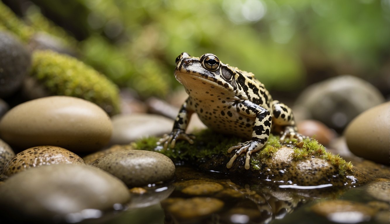 A male Betic Midwife Toad clings to a rock, carrying a cluster of eggs on his back.

He moves through a shallow stream, surrounded by lush vegetation