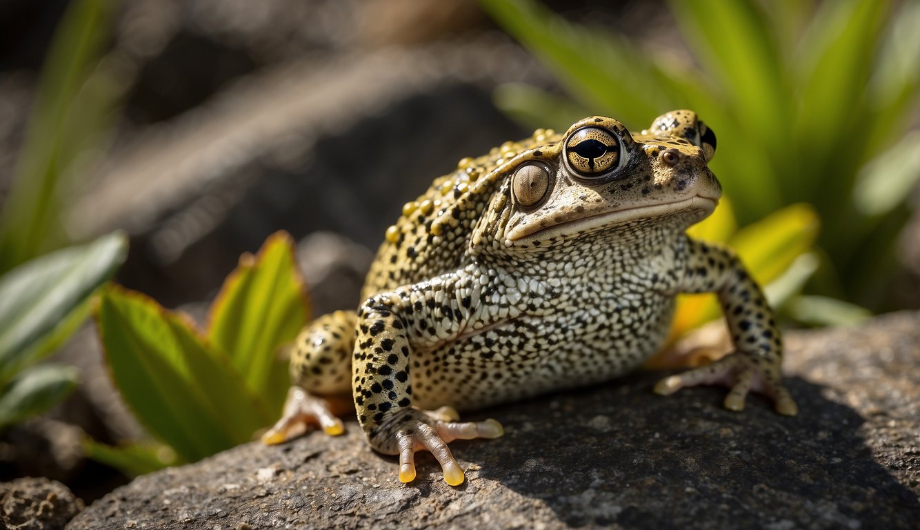 A male Betic Midwife Toad clings to a rock, carrying a clutch of eggs on his back.

He looks determined, protecting the precious cargo. The surrounding environment is lush and vibrant, showcasing the toad's natural habitat
