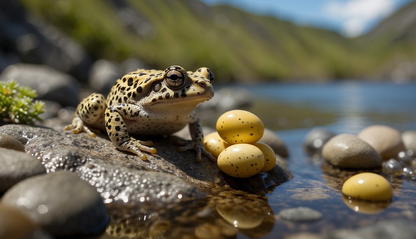 A male Betic Midwife Toad carries a cluster of eggs on his back, standing near a small body of water in a rocky habitat