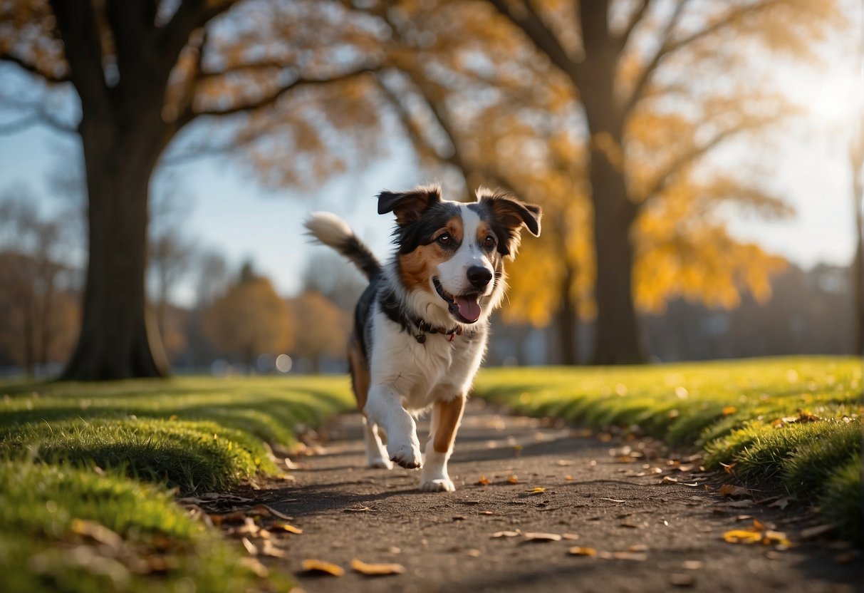 A dog's perspective: show a park scene with vibrant colors, focusing on the dog's keen eye for movement and detail. Include a variety of textures and scents to capture the canine sensory experience