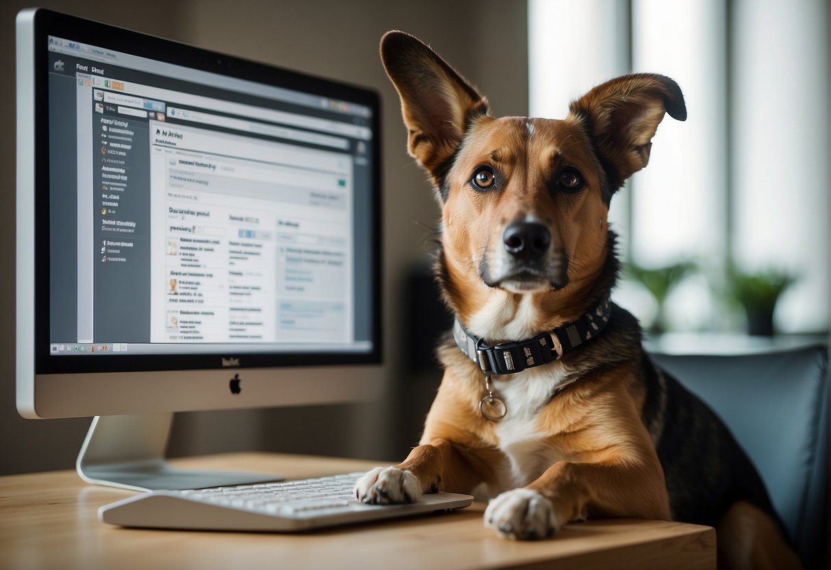 A dog sits with head tilted, ears perked, and eyes focused on a computer screen displaying the words "Frequently Asked Questions cómo ve un perro."
