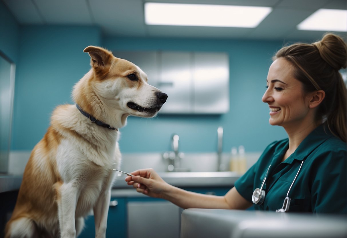 A dog being dewormed at the vet's office, with a veterinarian administering medication to the dog's mouth