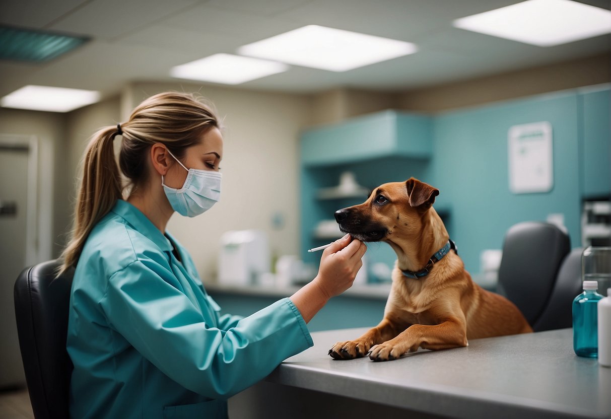 A dog receiving deworming medication from a veterinarian at a clinic