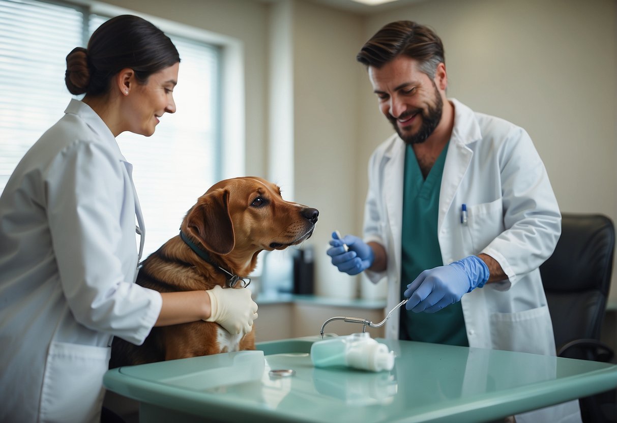 A dog receiving parasite treatment from a veterinarian at a clinic