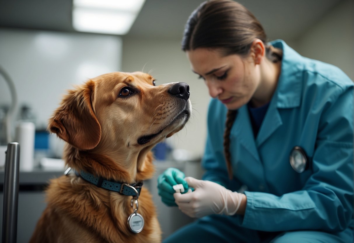 A veterinarian administering deworming medication to a dog