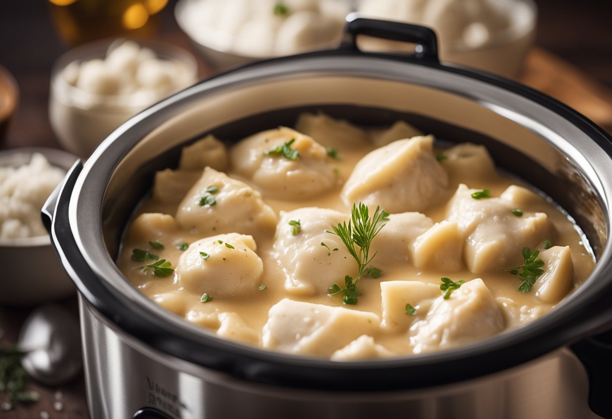 A bubbling slow cooker filled with creamy chicken and dumplings, surrounded by a warm, cozy kitchen with a hint of steam rising from the pot