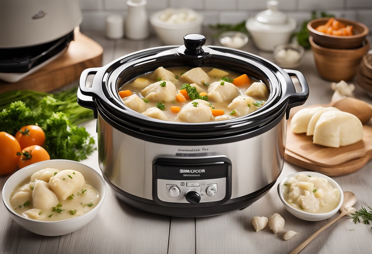 A slow cooker filled with chicken, vegetables, and dumplings simmering in a creamy broth