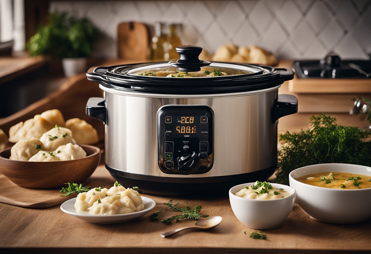 A bubbling slow cooker filled with creamy chicken and dumplings, surrounded by the warm aroma of savory herbs and spices