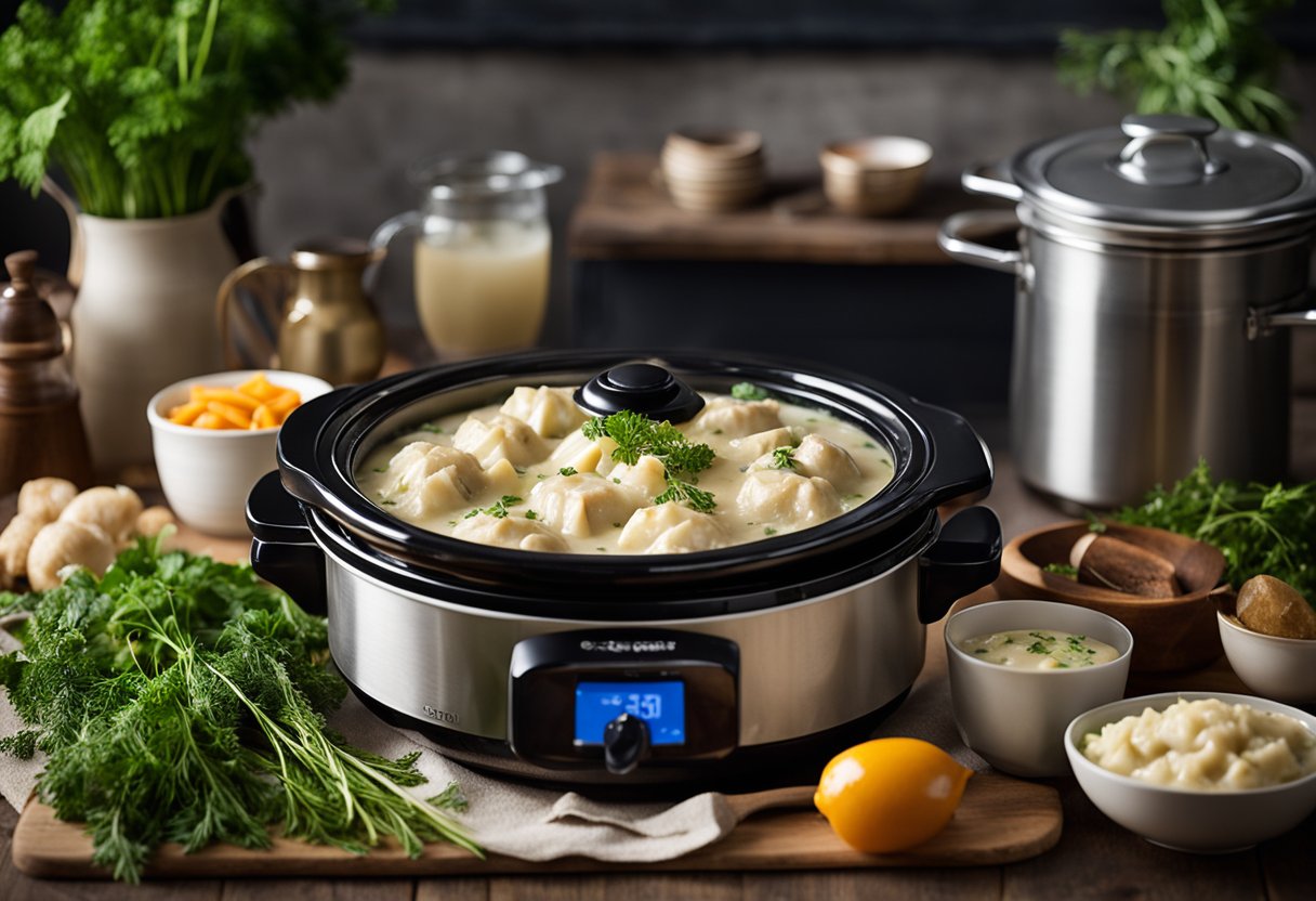 A steaming slow cooker filled with creamy chicken and dumplings, surrounded by fresh herbs and a rustic table setting