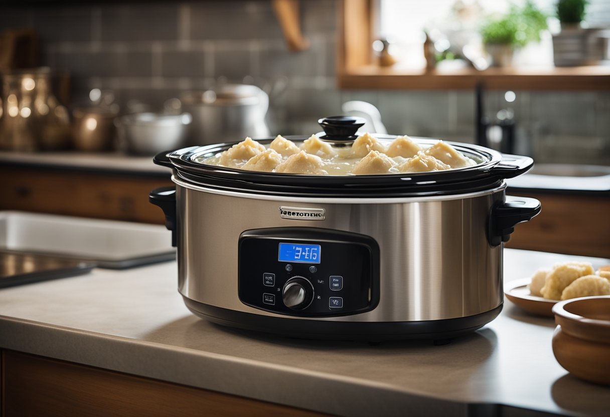 A slow cooker sits on a kitchen counter, filled with chicken and dumplings. Steam rises from the warm dish, surrounded by various storage containers and utensils