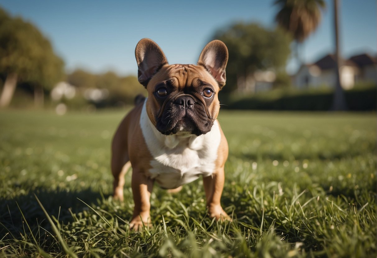 The French bulldog poops 15-30 minutes after eating. The dog is in a grassy area, squatting with a determined expression. The poop is small and firm