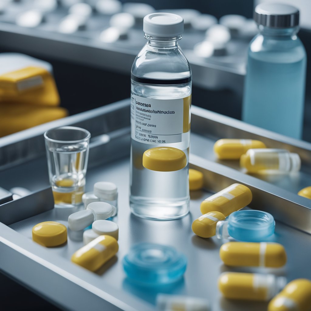 A bottle of anesthesia sits on a sterile medical tray, surrounded by empty pill packets and a glass of water