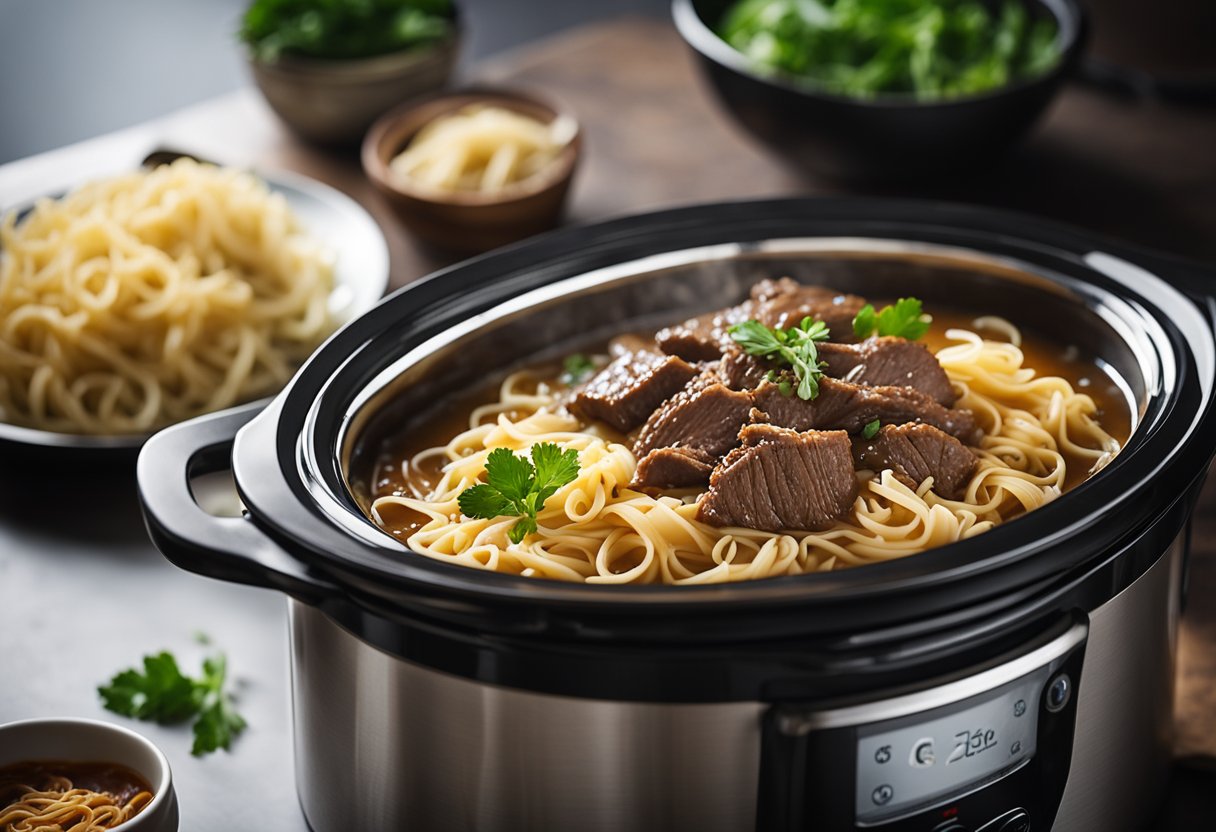 A slow cooker sits on a kitchen counter, filled with tender beef and savory noodles simmering in a rich, aromatic broth. Steam rises from the pot, filling the air with a mouthwatering aroma