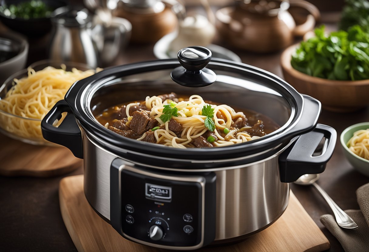 A slow cooker sits on a kitchen counter, filled with tender beef and savory noodles simmering in a rich, aromatic broth