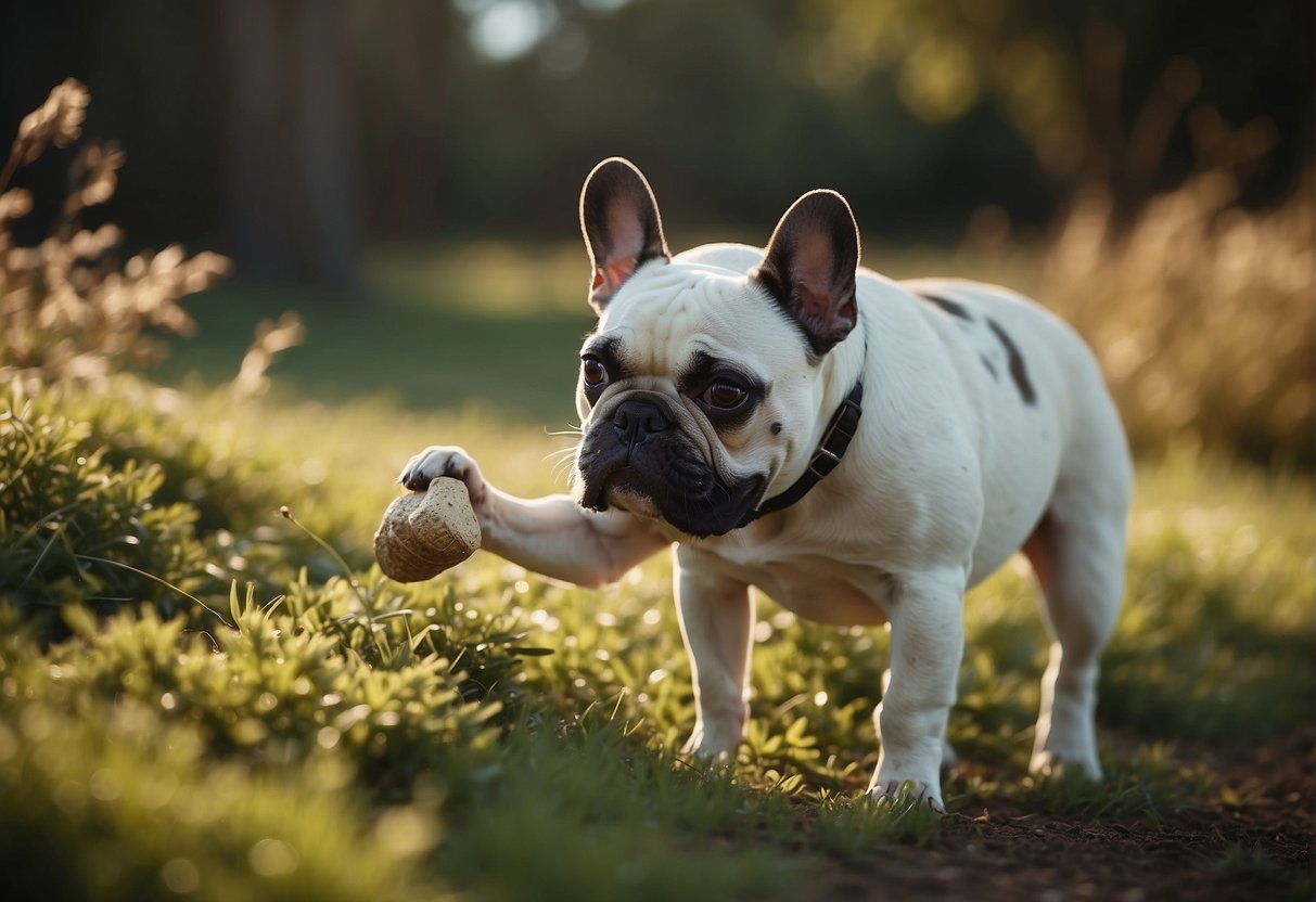 A French bulldog eats, then squats to poop shortly after