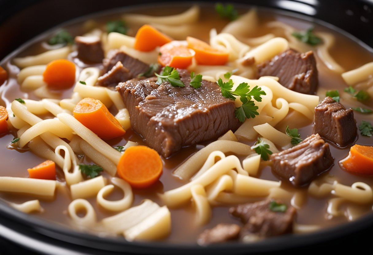 A beef and noodles dish simmers in a slow cooker, steam rising from the pot. Ingredients like carrots, onions, and tender chunks of beef are visible in the savory broth