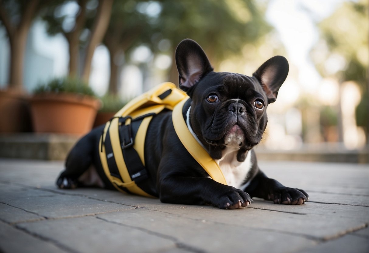A French bulldog with taped ears sits calmly on a cushioned surface, with its head slightly tilted and ears taped in an upright position