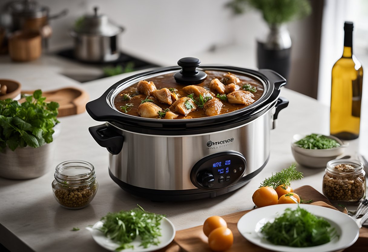 A slow cooker sits on a kitchen counter, filled with tender chunks of chicken in a rich, savory marsala sauce. A bottle of marsala wine and a bundle of fresh herbs are nearby