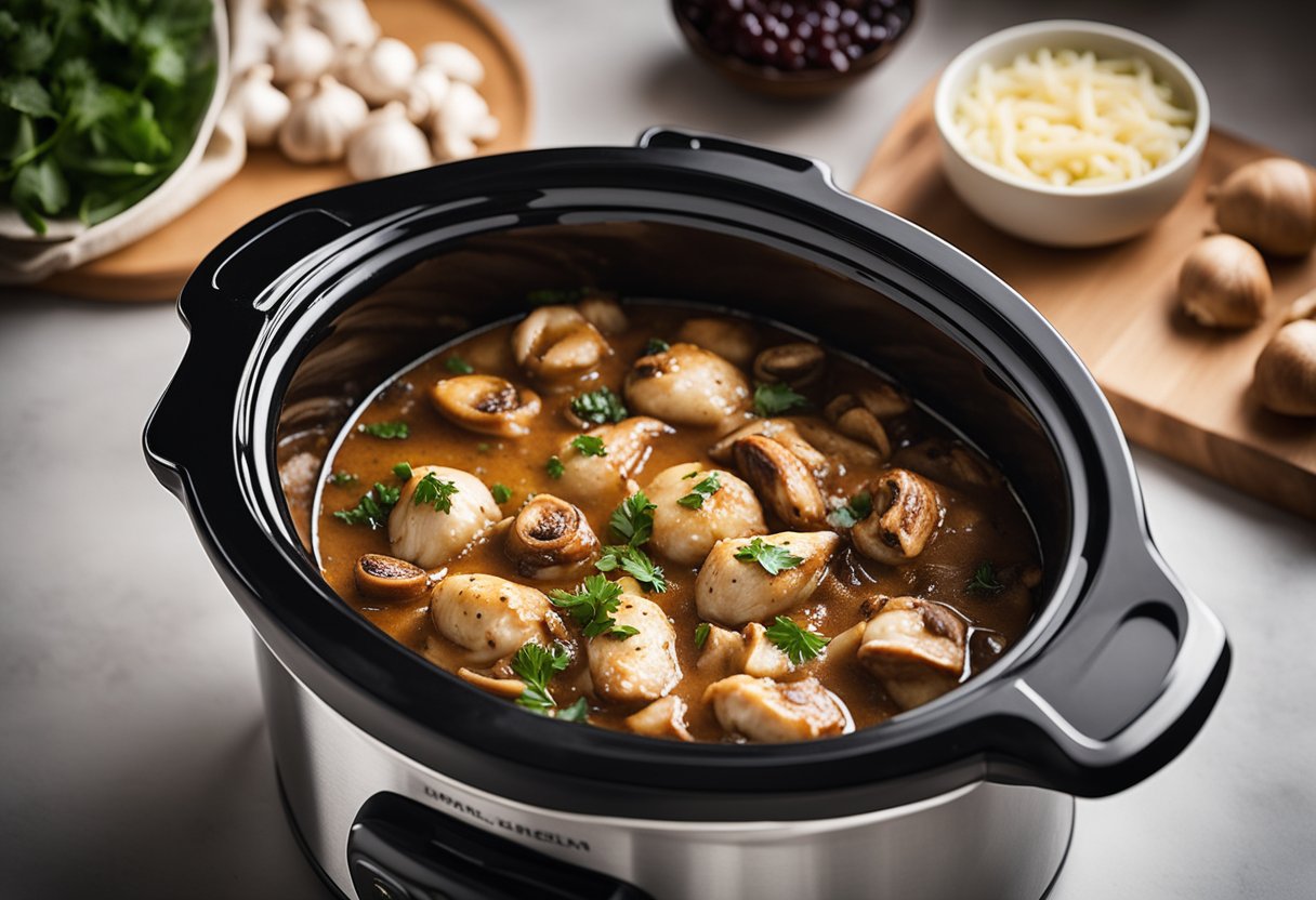 A slow cooker sits on a kitchen counter, filled with tender chicken marsala simmering in a savory sauce. The aroma of garlic, mushrooms, and wine fills the air, promising a delicious and effortless meal