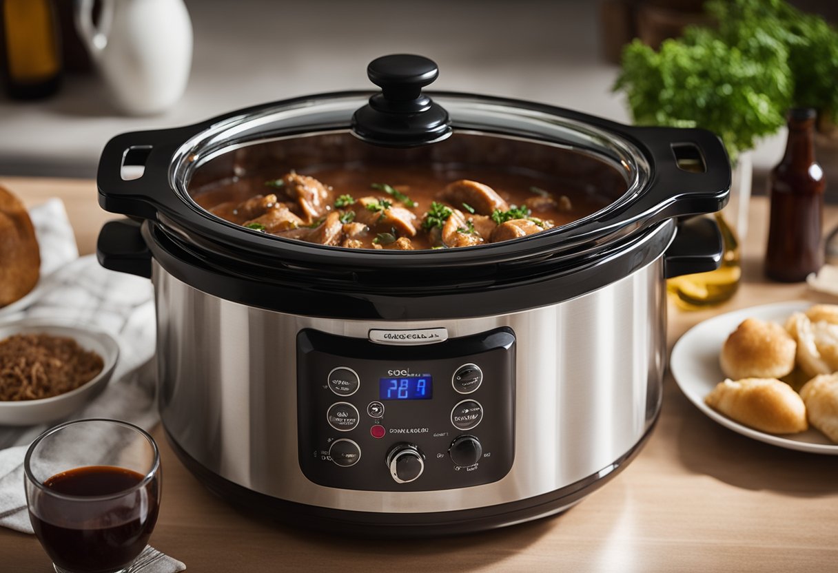A slow cooker sits on a kitchen counter, filled with chicken marsala cooking in a rich, deep red marsala wine sauce
