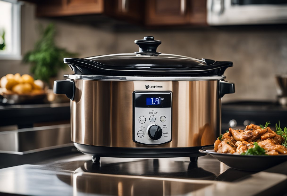 A slow cooker sits on a kitchen counter, filled with simmering chicken marsala in a rich, savory sauce. Steam rises from the pot, filling the air with mouthwatering aromas
