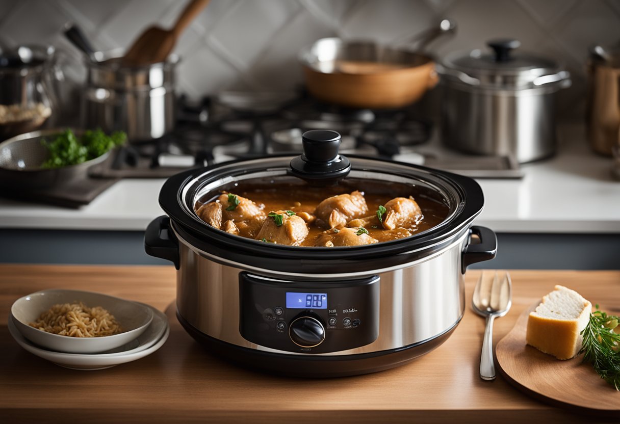 A slow cooker sits on a kitchen counter, filled with tender chicken marsala in a rich, savory sauce. A ladle rests beside it, ready to serve