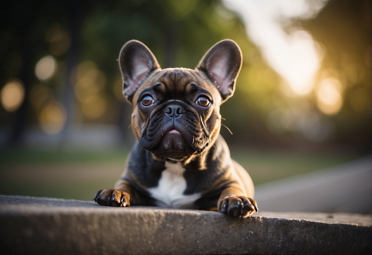 A French bulldog puppy's ears gradually perk up over several months, reaching their full upright position by around 4-6 months of age