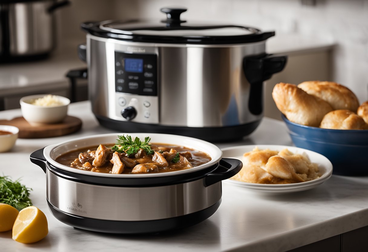 A slow cooker sits on a kitchen counter, filled with tender chicken marsala in a rich, savory sauce. Nearby, a microwave stands ready for reheating