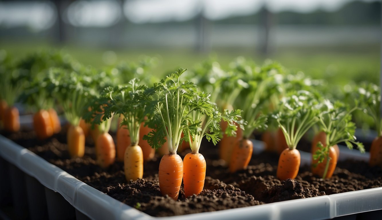 Carrots growing in a grow bag, with green foliage sprouting from the soil-filled bag