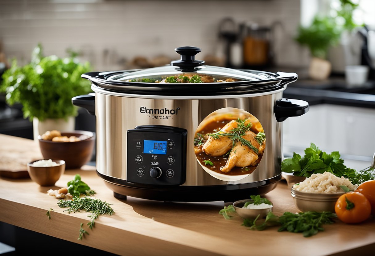 A slow cooker sits on a kitchen counter, filled with tender chicken marsala simmering in a rich, savory sauce. A variety of fresh herbs and spices are scattered around the scene, adding to the aromatic ambiance