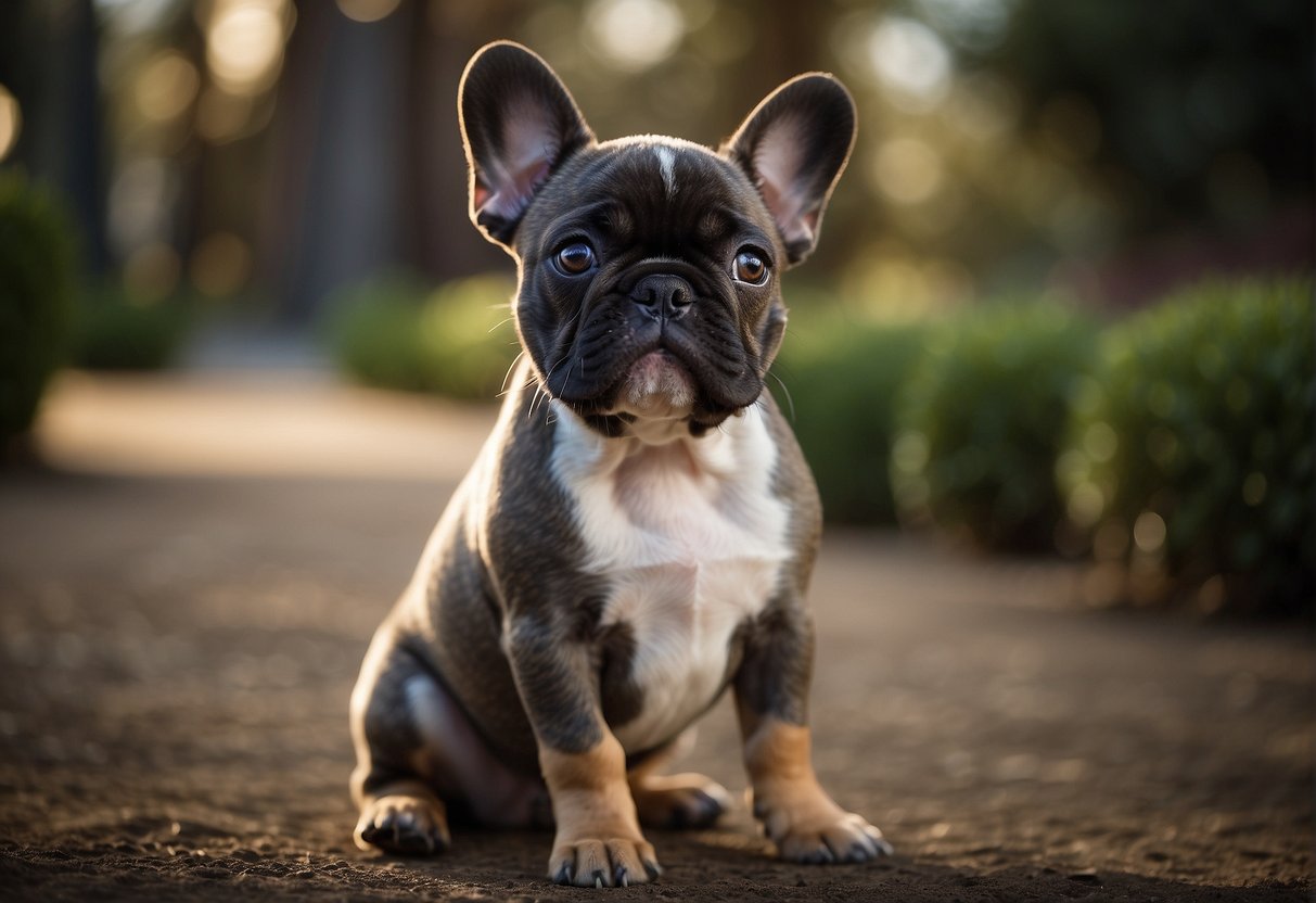A French bulldog puppy sits upright, ears perked and alert. Its head is tilted slightly, showing curiosity and attentiveness