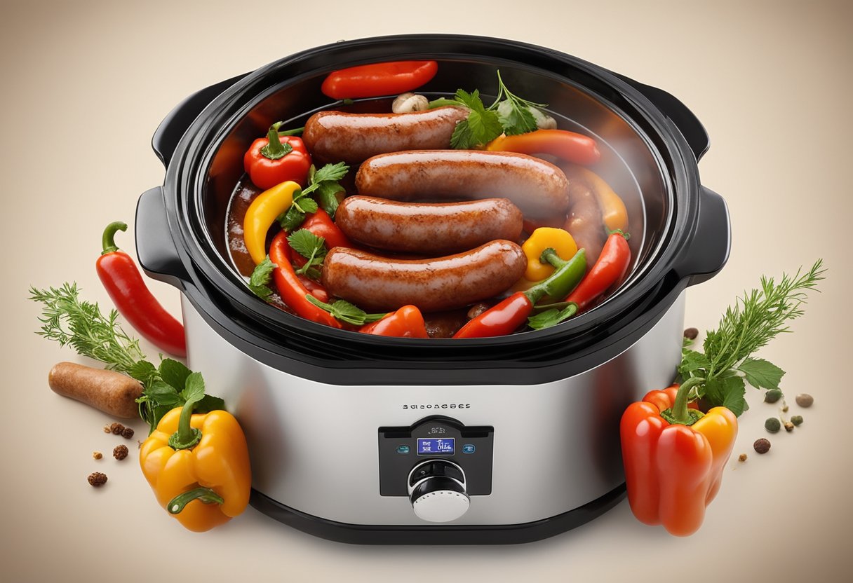 Sausages and peppers sizzling in a slow cooker, surrounded by aromatic herbs and spices, with steam rising from the pot