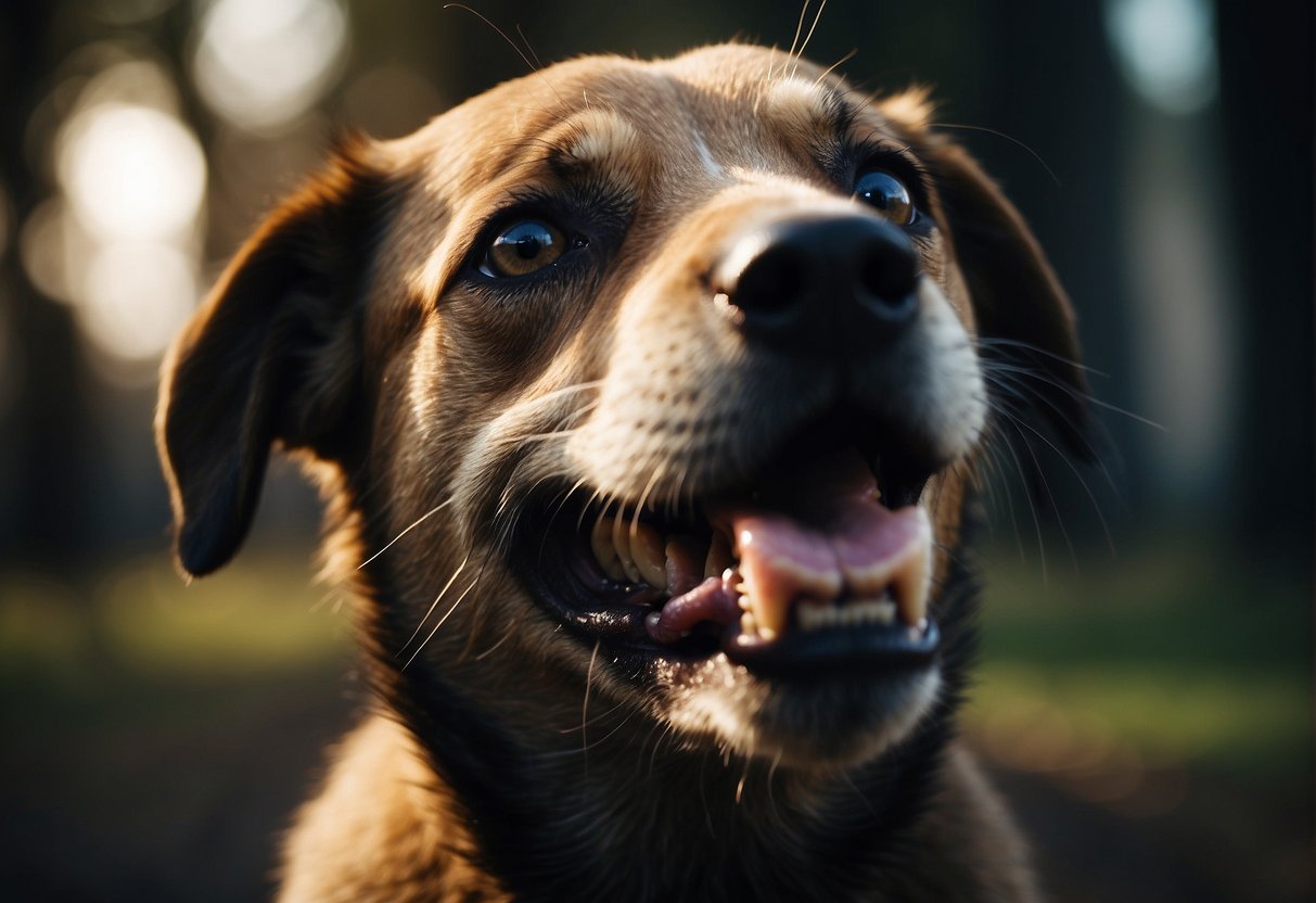 A dog baring its teeth, poised to bite, with a dark, ominous backdrop