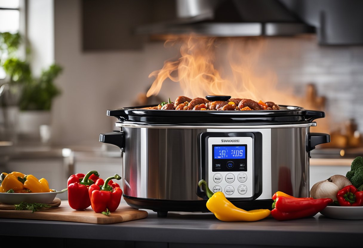 A slow cooker sits on a kitchen counter, filled with sizzling sausage and colorful peppers, emitting a mouth-watering aroma