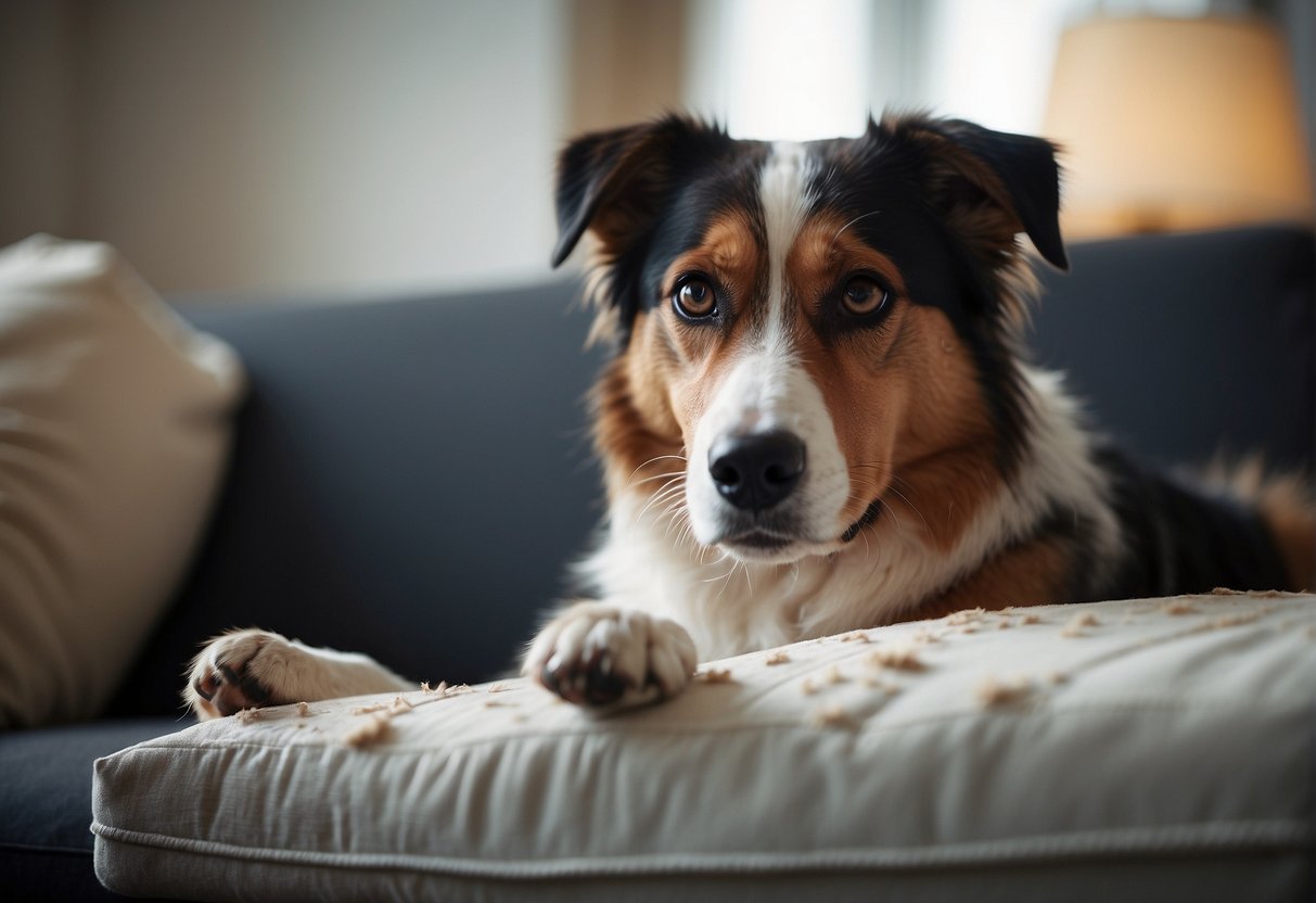 A dog's bite mark on a torn pillow. A person's startled expression. Emotions of fear and confusion