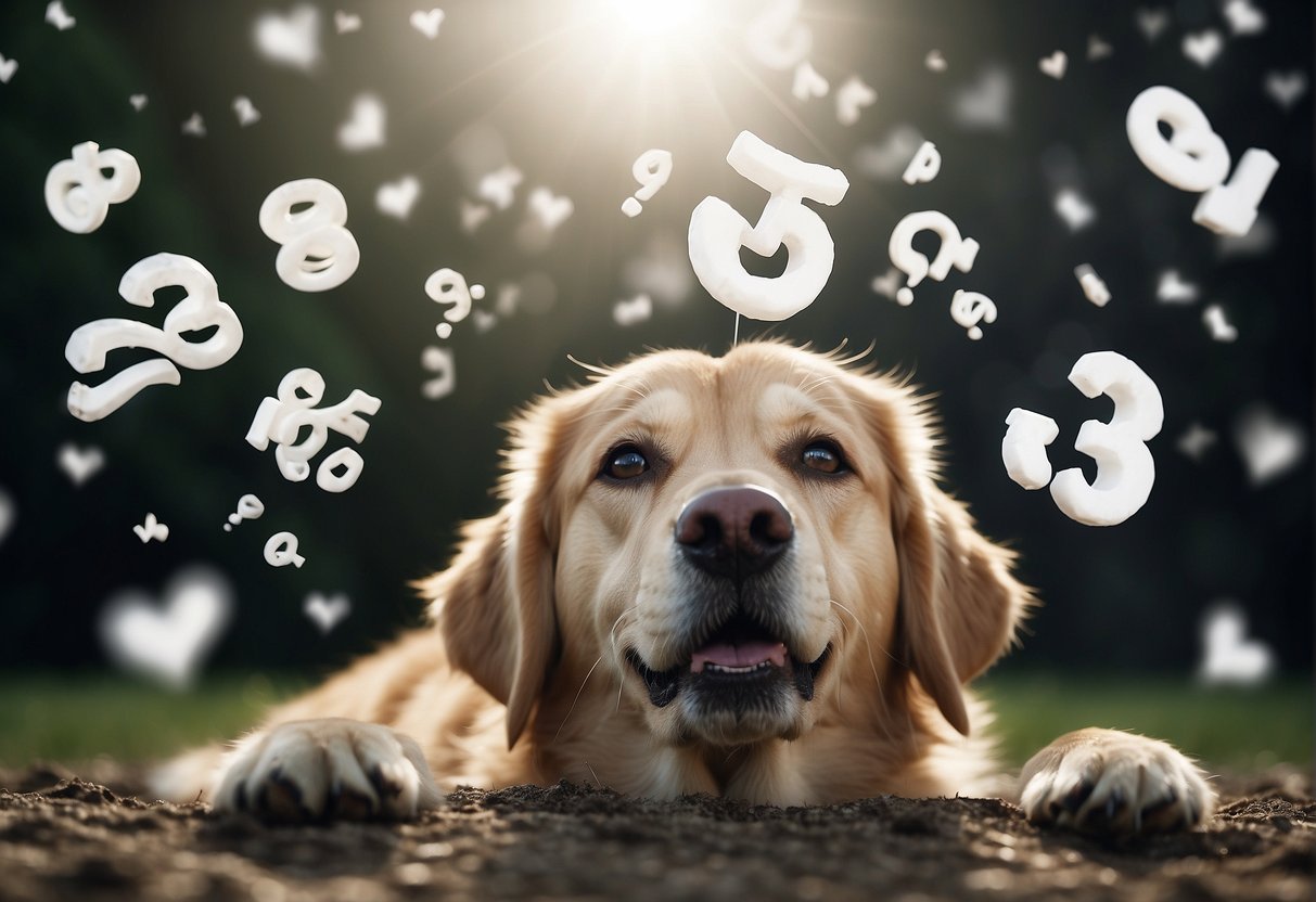 A dog biting a dream cloud with a question mark, surrounded by floating letters and symbols