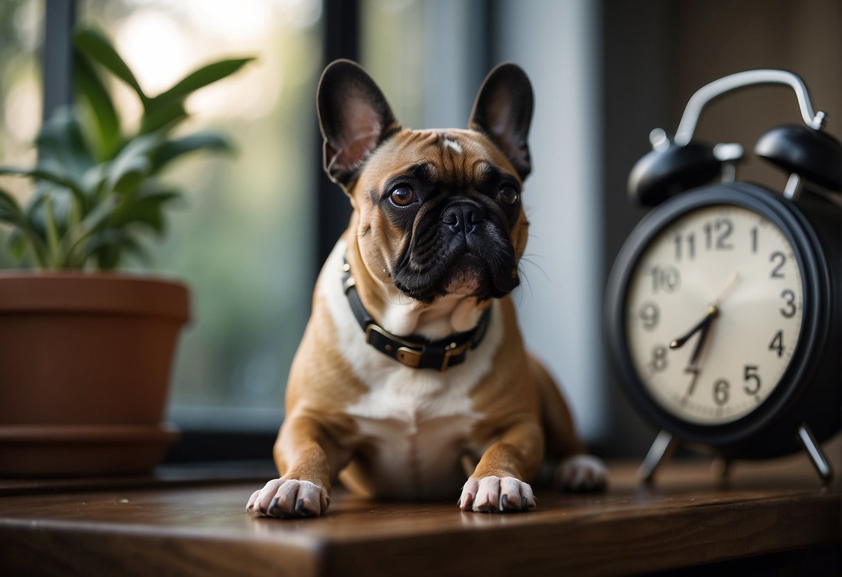 A French bulldog sits calmly, gazing into the distance, as a clock on the wall ticks away