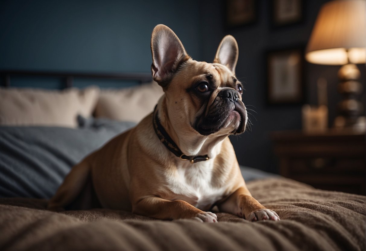 A French Bulldog rests on a cozy bed, panting lightly. A calendar on the wall shows the passing of time