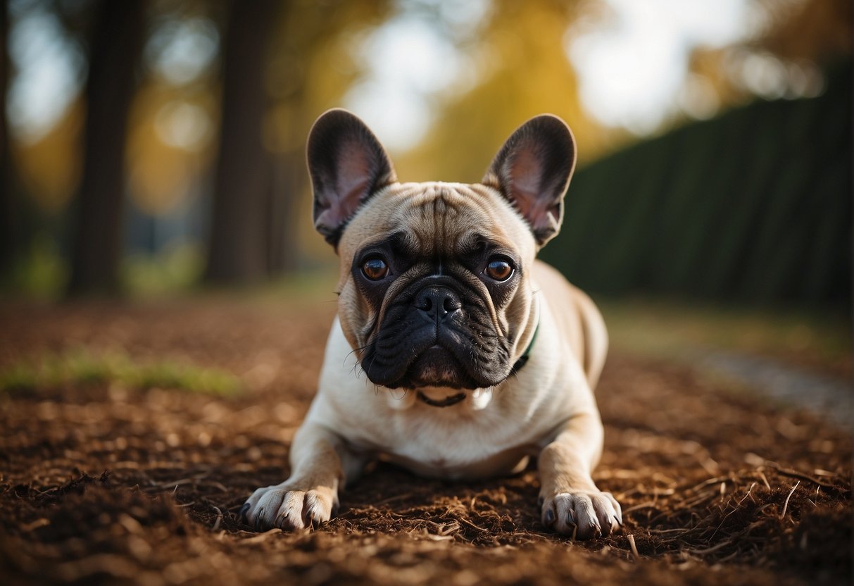 A French bulldog with a period lasts about 2-4 weeks, exhibiting signs of bleeding and mood changes