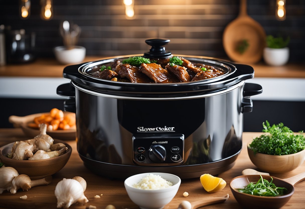 A slow cooker sits on a kitchen counter, filled with succulent Asian ribs marinating in a rich, savory sauce. The aroma of garlic, ginger, and soy fills the air, creating a mouth-watering scene