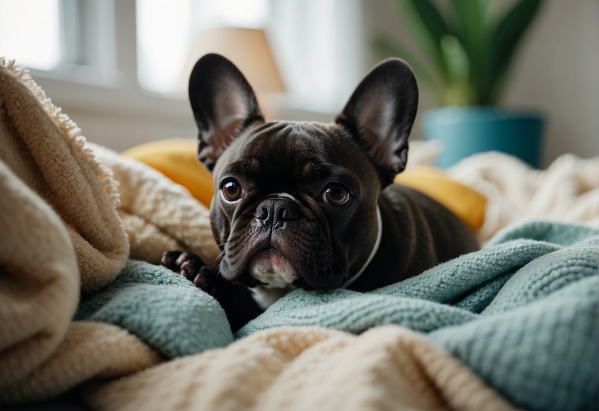 A French Bulldog lies on a cozy bed, her belly swollen with pregnancy. She looks content and peaceful, surrounded by soft blankets and toys