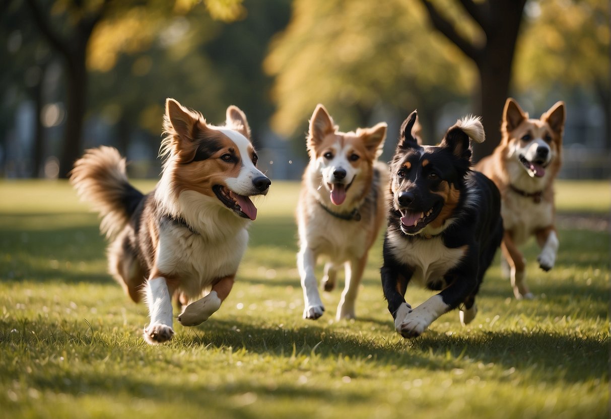 A group of dogs playing together in a park, showing signs of maturity and adult behavior