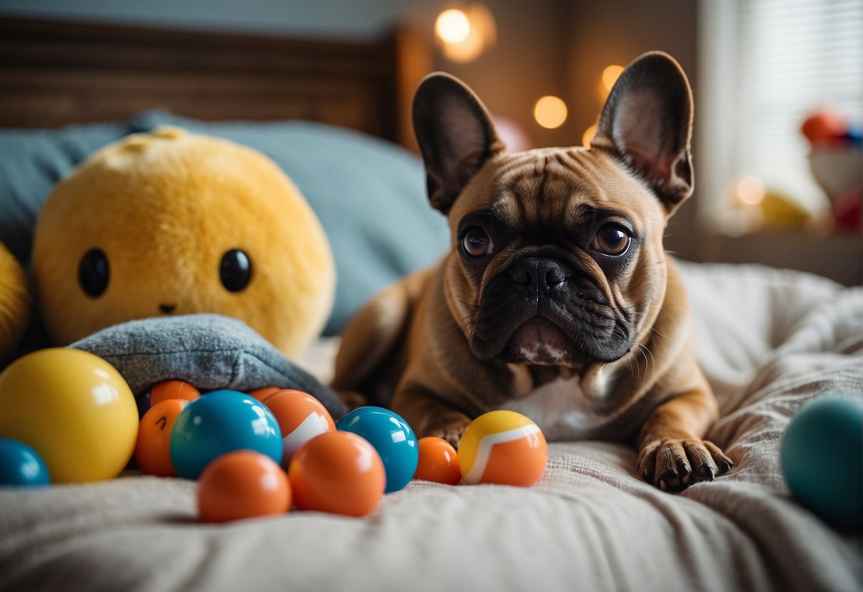 A pregnant French Bulldog resting in a cozy bed, surrounded by toys and a bowl of water