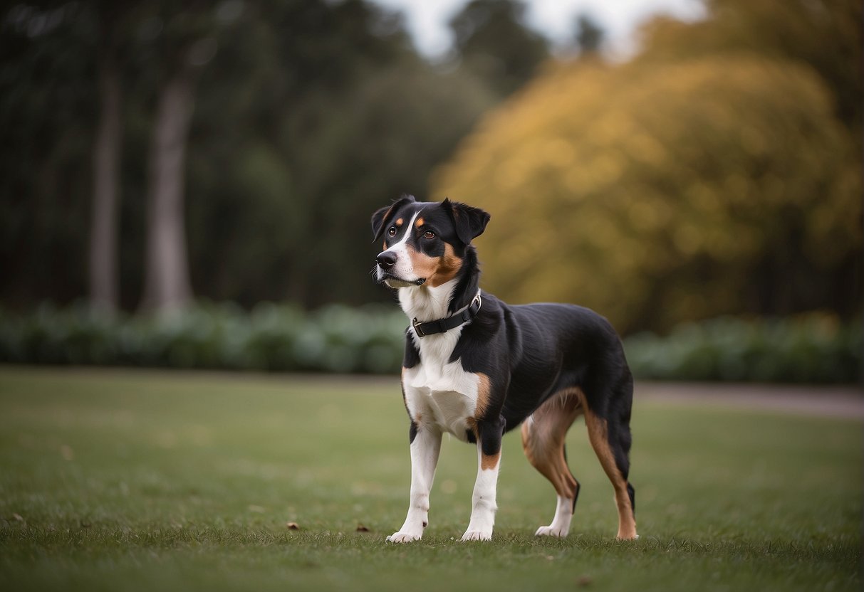 A dog standing confidently, no longer a puppy, with a mature posture and expression, indicating the determination of canine adulthood