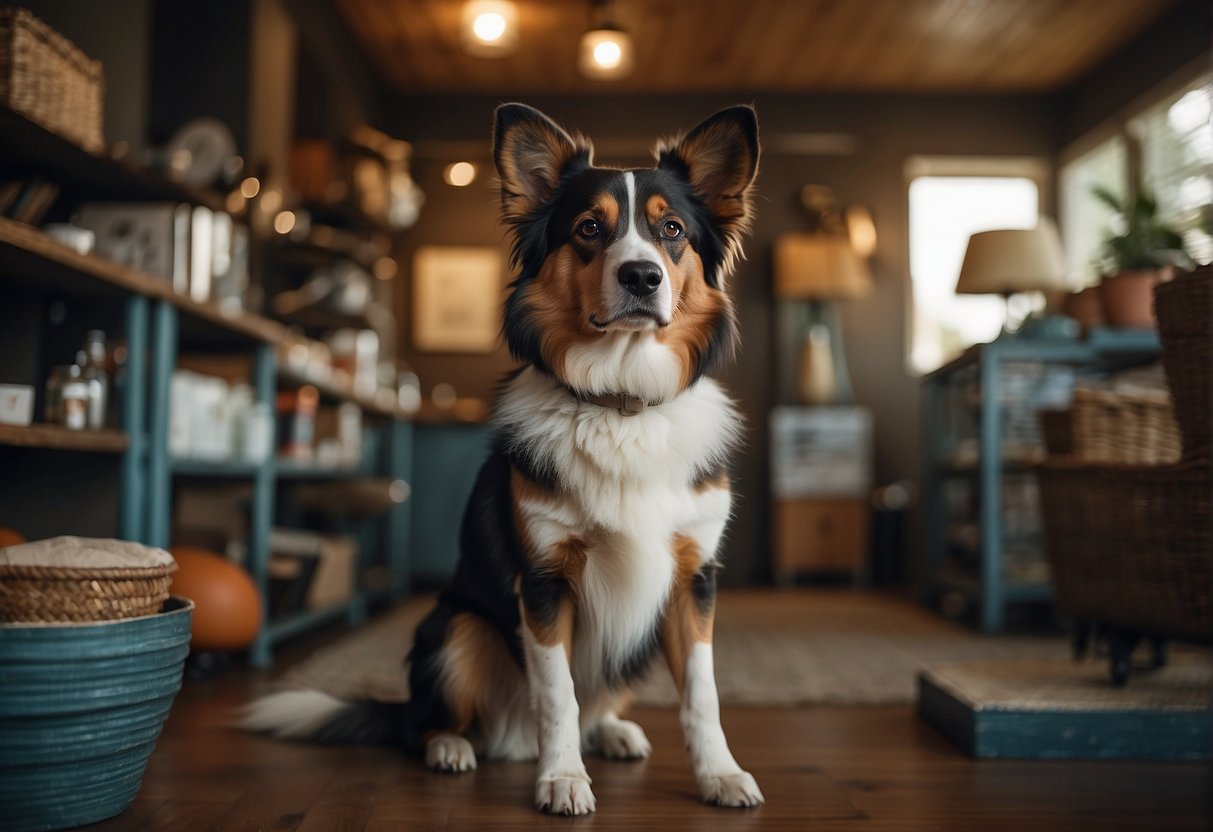An adult dog standing confidently, with a mature posture and calm expression, surrounded by objects and settings that suggest a sense of maturity and responsibility