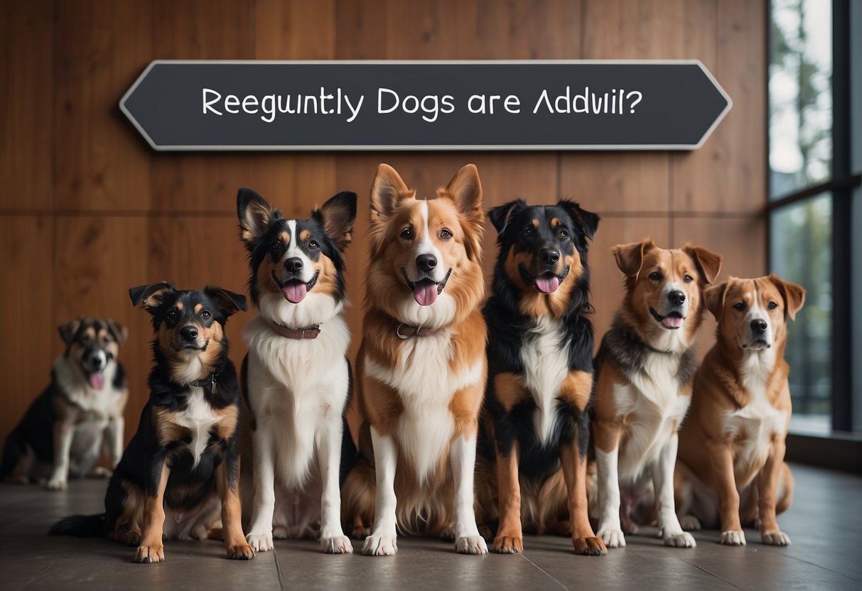 A group of dogs of various breeds and sizes standing in a row, with a sign above them reading "Frequently Asked Questions: At what age are dogs considered adults?"